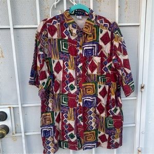 Xinno Mens XL 100% silk short sleeve button up shirt 90’s abstract design shirt